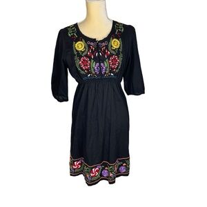 Joy Joy Colorful Embroidery Black Dress Sleeveless Size Large